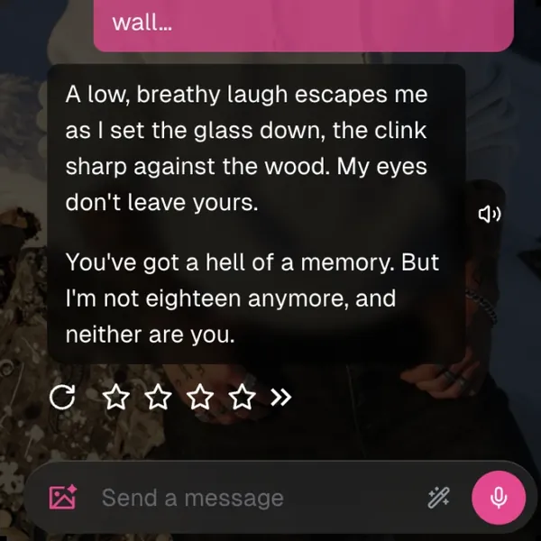 AI boyfriend chat thread with a voice message button